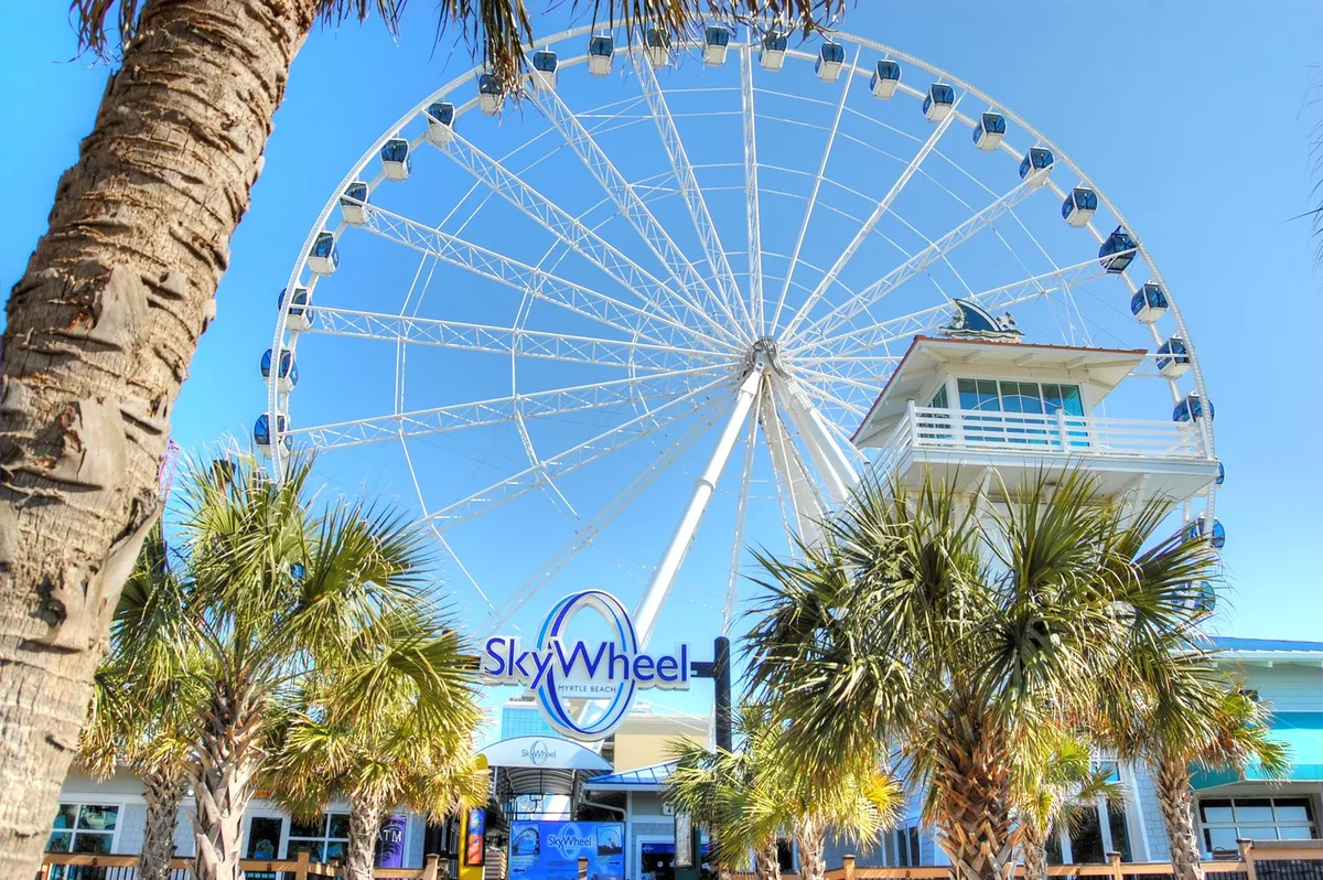 An exterior view highlighting the iconic SkyWheel against a bright sky, framed by palm trees and the entrance to a nearby building. The image captures the excitement of local attractions, hinting at the adventure available through the Free Fun Program.